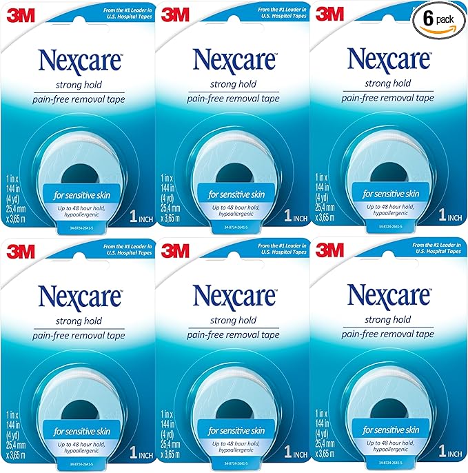 Nexcare Sensitive Skin Low Trauma Tape, 6 Count – Gentle Adhesive Medical Tape for Fragile or Delicate Skin, Hypoallergenic & Latex-Free, Ideal for Post-Surgery Care, Pediatric Use, Frequent Changes
