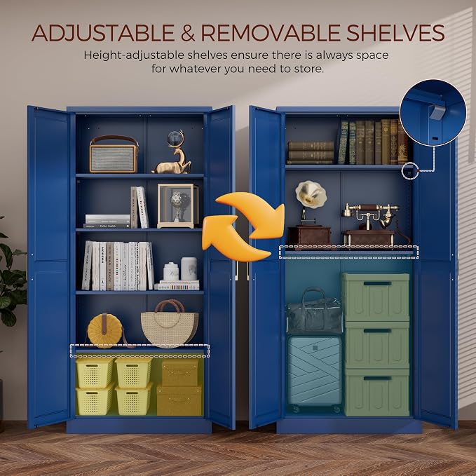 71" Tall Metal Kitchen Pantry Cabinet, Storage Cabinet with Doors | Kitchen Cabinet with 4 Adjustable Shelves, Tall Food Pantry Cabinet, Blue Cupboard for Kitchen, Dining Room, Garage & Office