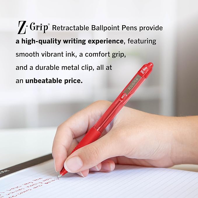 Zebra Pen Z-Grip Retractable Ballpoint Pen, Red Ink, 1.0mm, 18-Pack | Smooth Writing, Medium Point Tip, Ideal for Planners, Note-Taking, School and Office Supplies, and Everyday Writing (22318)