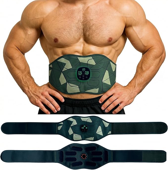 Abs Stimulator Muscle Toner, Abdominal & Back Training Belt Military Grade for Men & Women, Portable Workout Device, Home Gym Fitness Equipment for Office Travel Use Black