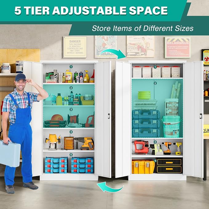Wide & Deep Metal Storage Storage Cabinet with Adjustable Shelves,White Metal Cabinet with Lock,Steel Pantry Cabinets,72" Lockable Cabinets for Home,Office,Garage,Kitchen,Shop