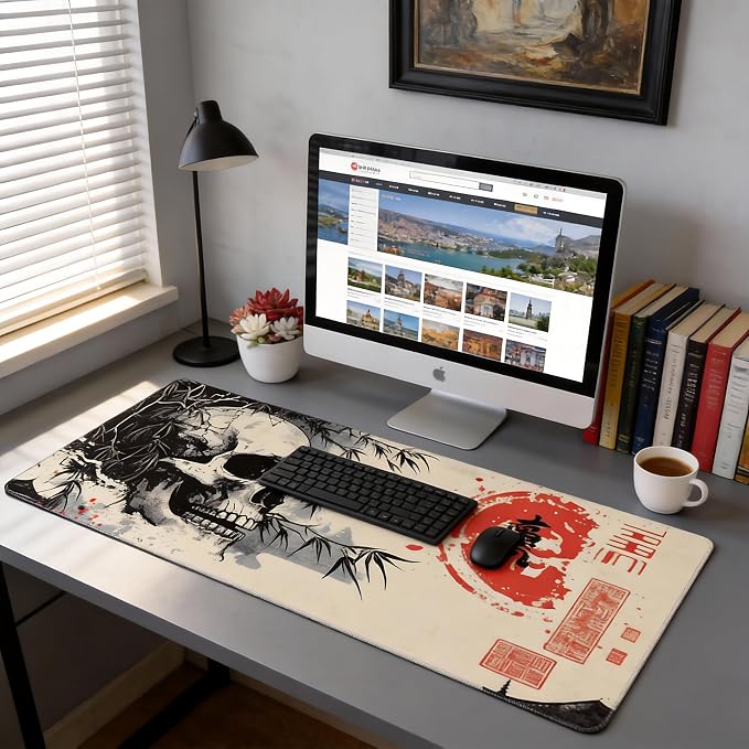 Aesthetic Skull Gaming Mouse Pad, Beige Black Japanese Desk Mat with Anti-Slip Base & Stitched Edges,35.4" x 15.7" in Desk Accessories for Women, Home Office Decor & Artistic Gift