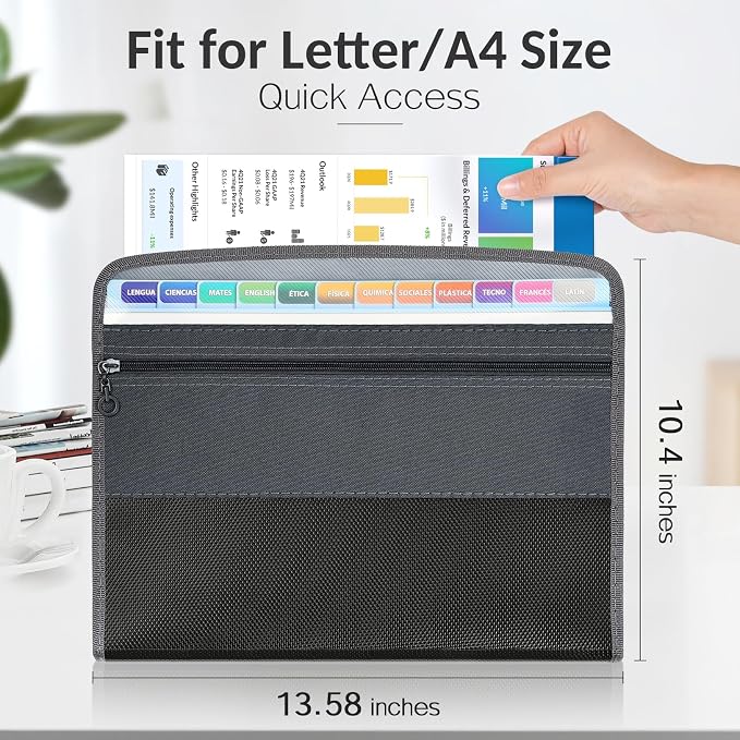 Sooez Accordion File Organizer with Safe Zipper, 12 Pocket Expanding File Folder with Front Pencil Pouch, Portable Monthly Paper Bill Tax Receipt Organizer, School Office Supplies, Letter Size, White | Organizer with Front Pencil Pouch, Portable Monthl...