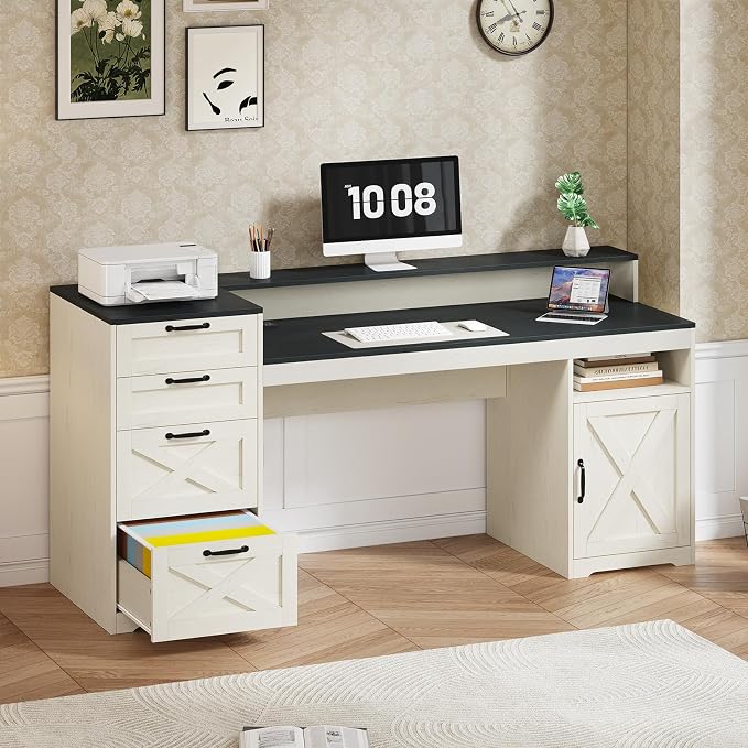63" Farmhouse Computer Desk with 4 Drawers for Home Office, Bedroom | Executive Desk with Printer Shelf, Monitor Stand, Home Office Desks with Power Outlets, Storage Shelves, Black and White