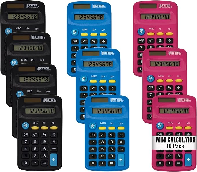 Better Office Products Pocket Size Mini Calculators, 10 Pack, Handheld Angled 8-Digit Display, Standard Function, Assorted Colors (Blue, Black, Pink), Dual Power with Included AA Battery Power