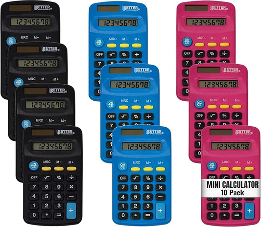 Better Office Products Pocket Size Mini Calculators, 10 Pack, Handheld Angled 8-Digit Display, Standard Function, Assorted Colors (Blue, Black, Pink), Dual Power with Included AA Battery Power