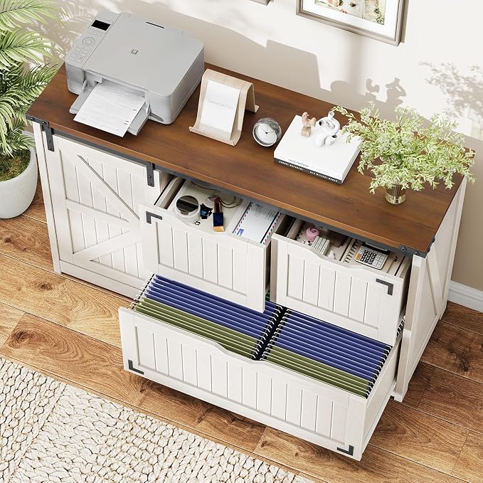 Halitaa 47.8” Farmhouse File Cabinet with Sliding Barn Door, Off White | Lateral Filing Storage Cabinets with Adjustable Shelf, 3 Drawers,Office Printer Stand for Hanging Files Letter/Legal/A4/F4