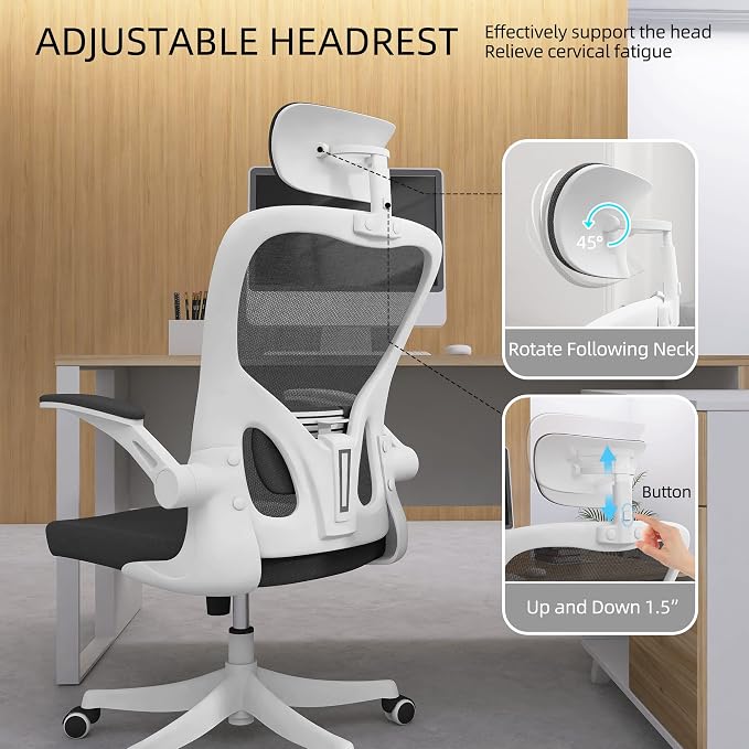 Monhey Office Chair, Ergonomic Office Chair with Lumbar Support & 3D Headrest & Flip Up Arms Home Office Desk Chairs Rockable Computer Chair Multi-Angle from 90° to 130° with 350LBS CapacityChair