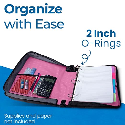 Case-it School Zipper Binder | 2" O-Rings | 400-Sheet | LT-007 Light Pink | Universal, 13-Inch Laptop/Tablet Padded Pocket, Multiple Storage Pockets, Shoulder Strap, School & Office Organizer