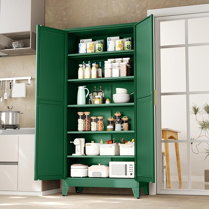 PAOFIN Kitchen Pantry Storage Cabinet with Doors and Adjustable Shelves, Metal ClosetMaid Food Pantry Cabinets, 75" Tall Freestanding Cupboard for Kitchen, Laundry or Utility Room, Green