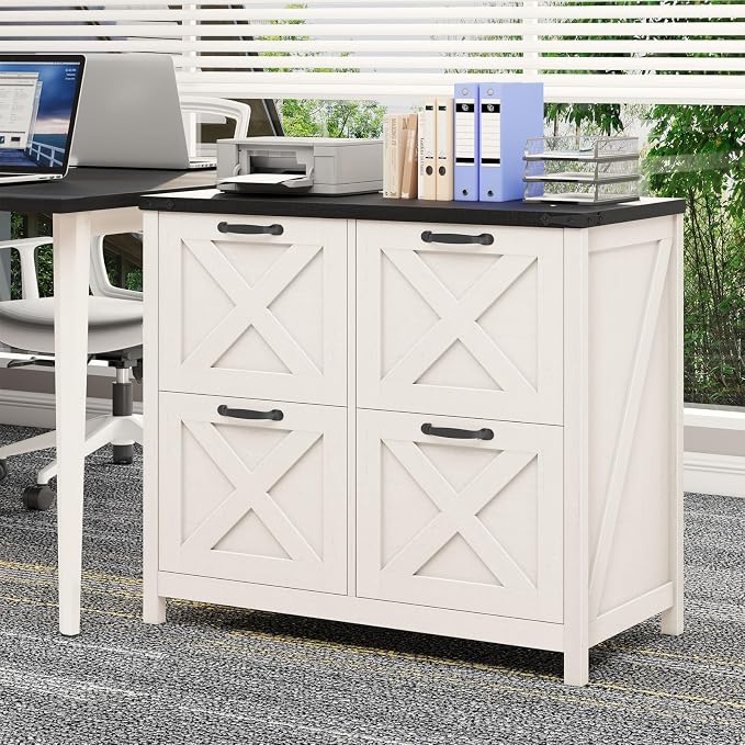 Halitaa Farmhouse Lateral File Cabinet with 4 Drawers, White and Black | Lateral Filing Cabinet for Letter/A4 Size Hanging File, Wood File Storage Cabinet Printer Stand for Home Office Cabinet