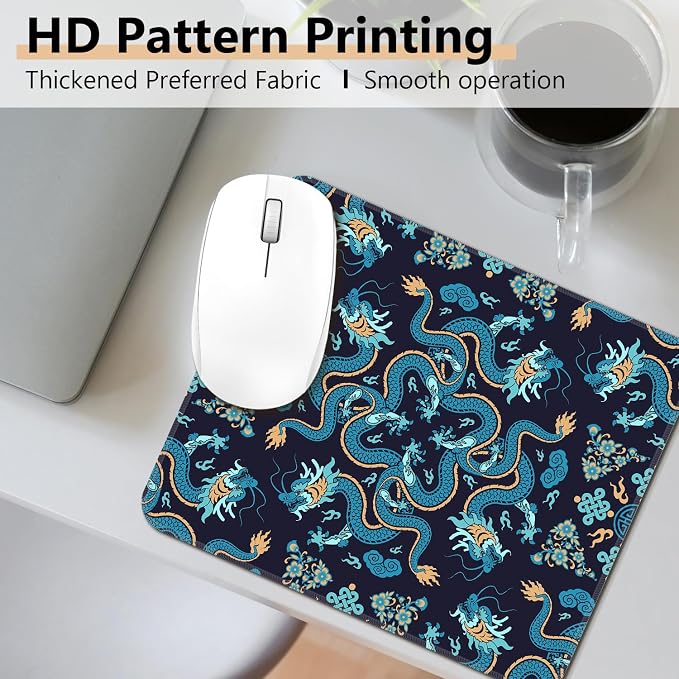 Blue Chinese Dragon Mouse Pad, Mystical Traditional Asian Oriental Creature Square Mousepad Mouse Mat with Anti-Slip Rubber Base for Computer Laptop Home Office Desk, 9.5x7.9 in