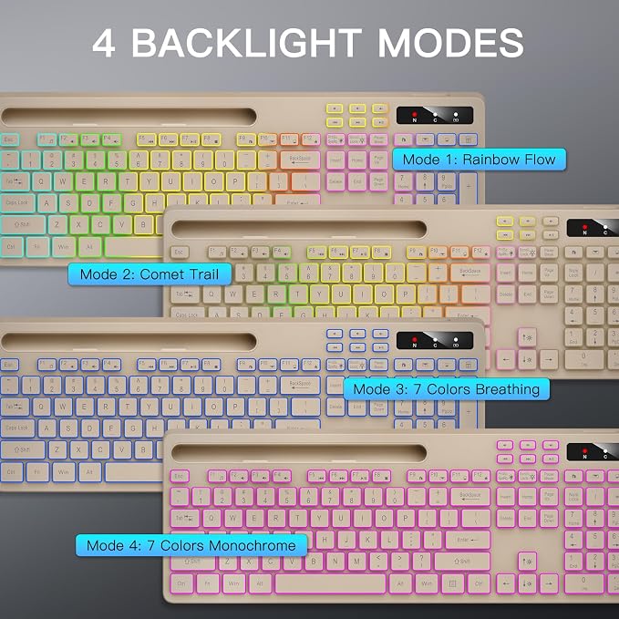 Soueto Wireless Keyboard with 7-Color RGB Backlit, Full-Size Computer Keyboard with Phone Tablet Holder, 2.4G Rechargeable Gaming Keyboard with Light Up Keys, Compatible with Mac, Windows (Latte)