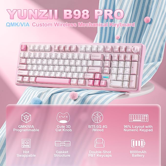 YUNZII B98 PRO 96% Wireless Mechanical Keyboard(Pink, Candy Switch) | QMK/VIA, with Numpad, Dual-Style Knob Design, Creamy Pre-Lubed Switches, Hot Swap, Gasket Mount, RGB for Gaming/Win/Mac