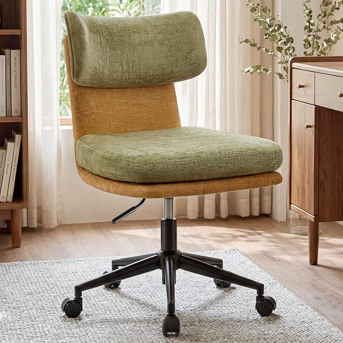 COMHOMA Home Office Desk Chairs with Ergonomic Curved Backrest, Mid Century Modern Vanity Chair with Wheel for Bedroom, Chenille Upholstered, Green