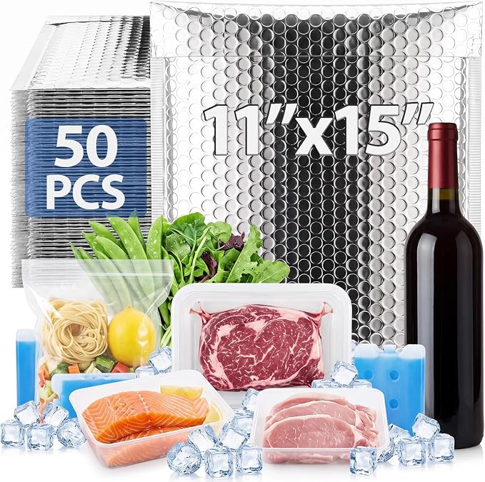 50 Pack 11 x 15 Inch Insulated Bubble Mailers, Silver | Self Adhesive Closure, Foil Lined Interior, Padded Cushioning, Waterproof, Cold Delivery Packing, for Food and Cosmetics