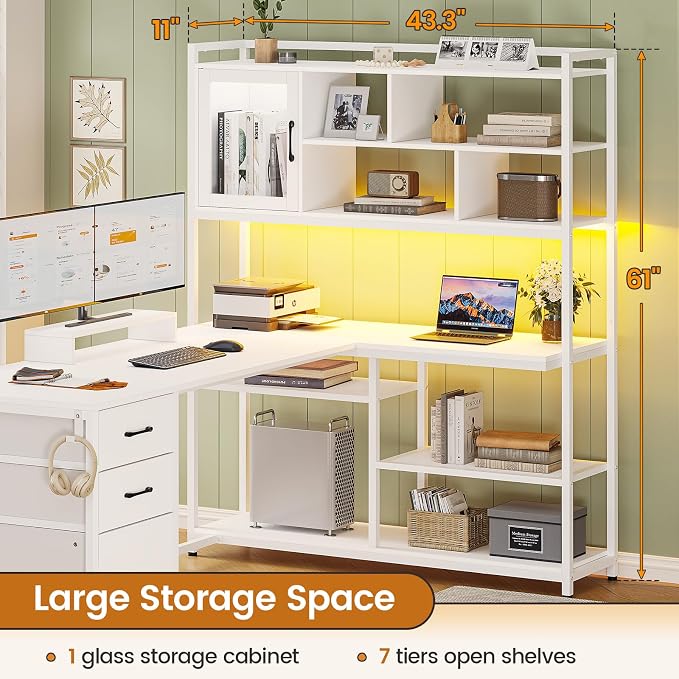 SEDETA 58'' L Shaped Computer Office Desk with 3 Drawers and Bookshelf | L Shaped Corner Desk with Storage Shelves and LED Light for Home Office, Gaming, Small Space, White