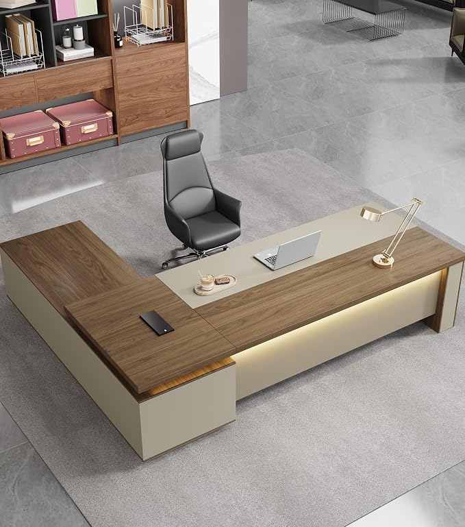 95" Reversible L-Shaped Executive Desk with Drawers – Luxury Office Desk with Open Shelves, LED Lighting, Built-in Outlet & USB Ports for Home, Office, Corporate, School (Black Walnut & Khaki)