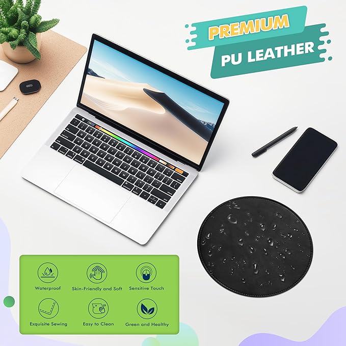 Mouse Pad，Round Mouse Pad，PU Mouse Pad，Leather Mouse Pad with Stitched Edge Micro-Fiber Base with Non-Slip Waterproof，Mouse Pad for Computers，Laptop，9 x 9 Inch (Ruffle Detailed Black)