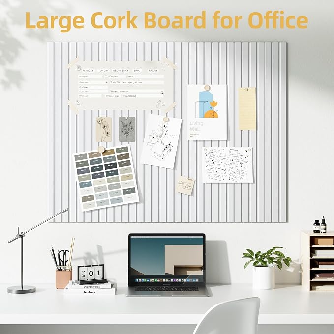 Large Cork Board for Walls 20 Pack Bulletin Board with 100 Adhesive Tabs | 48" x 60" Alternative CorkBoard for Pictures Photos, Felt Push Pin Boards Tiles for Office Classroom Wall Decor - White