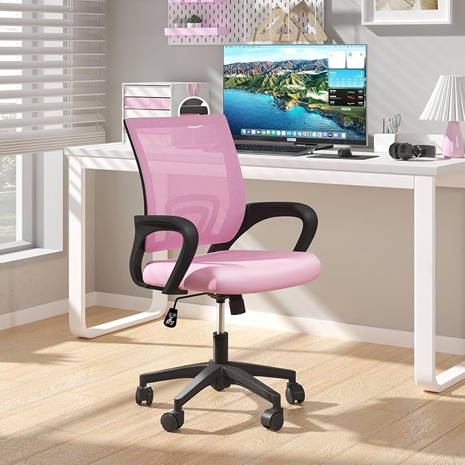 Home Office Chairs, Ergonomic Mid-Back Mesh Desk Chairs with Lumbar Support, Adjustable Swivel Rolling Design, Comfy Armrest for Work, Study, Gaming, Vanity, Pink, 2 Pack