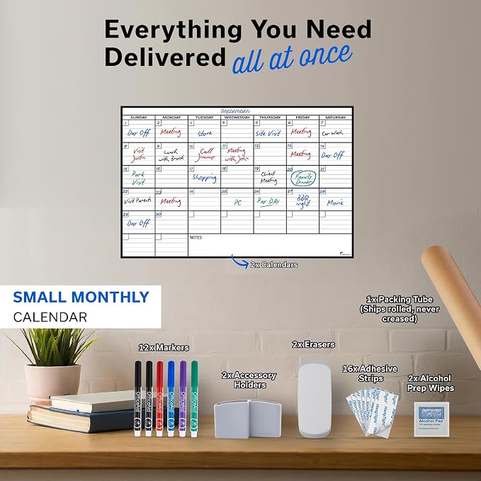 (2 PK) Small Dry Erase Calendar for Wall, 17x26, Small Wall Calendar Dry Erase, White Board for Office, Home & School, Erasable Whiteboard, Monthly Undated Reusable White Board Planner