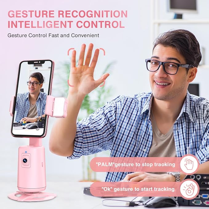 Auto Face Tracking Tripod 360° Rotating Cell Phone Photo and Video Kits Stand, No App, Camera Stand with Remote and Gesture Control, Rechargeable Smart Shooting Stand for Live Recording Tiktok（Pink）