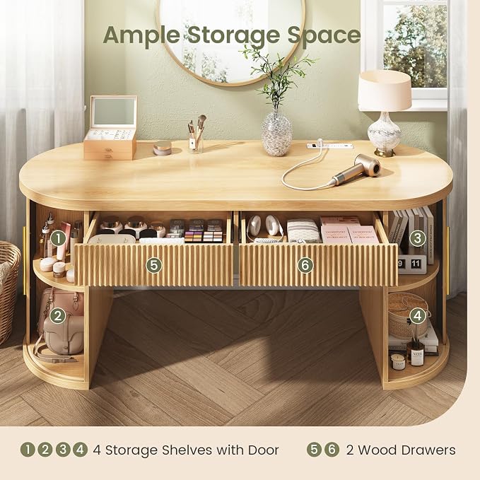 SEDETA 58.3" x 21.7" Fluted Office Executive Desk with 2 Drawers Storage | Light Oak Long Computer Desk with 2 Sliding Doors Shelves and Power Strip, Wood Curve Desk for Work, Writing, Study
