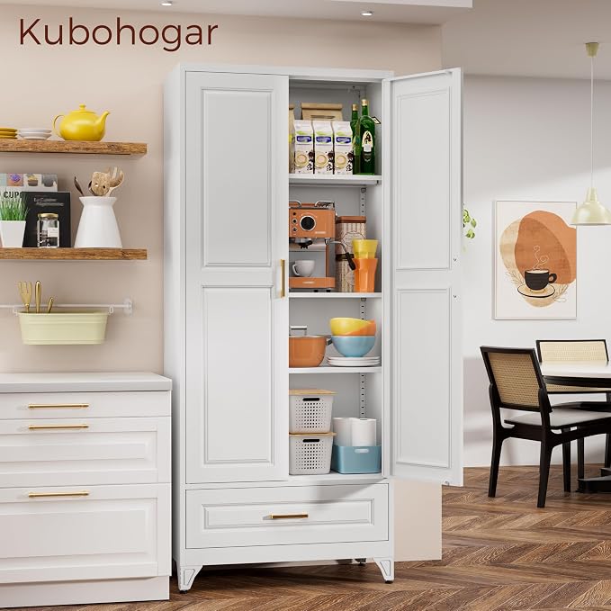 75" Kitchen Pantry Cabinet, Metal Storage Cabinets with 2 Doors | Kitchen Cabinet with Drawer & 3 Adjustable Shelves, Tall Food Pantry Cabinet, Cupboard for Kitchen, Dining Room, Living Room