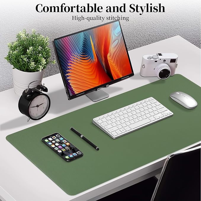 Green Leather Desk Pad Large Mouse Pad, 31.5"x15.7" | Waterproof Desk Mat for Keyboard and Mouse, Non-Slip Computer Desk Protector, Smooth Mouse Control for Home Office