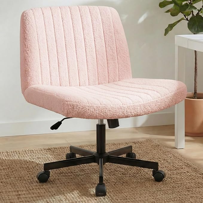 Orange Factory Criss Cross Chair with Wheels, Wide Vanity Seat, Pink Teddy | Cross-Legged with 360° Swivel, Height Adjustable, Smooth and Silent Wheels, Comfy Seating for Office, Desk, or Computer Use