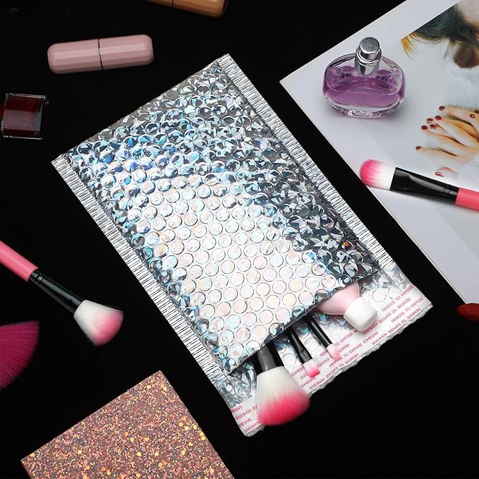 Fulmoon 30 Pieces Holographic Bubble Mailers 4x8 Inch Padded Mailer Holographic Bubble Mailers Padded Envelopes Self Adhesive Cushion Envelopes for Mailing Shipping and Packing(Silver)