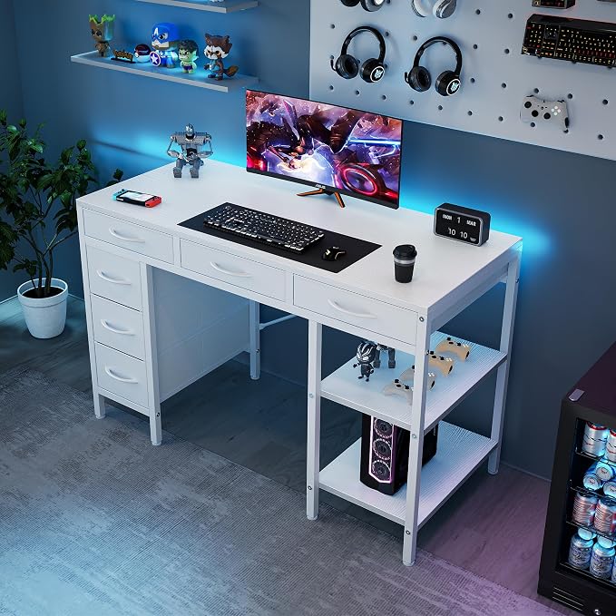 Sweetcrispy 47" Computer Desk with 6 Fabric Drawers & Storage Shelves | Reversible Gaming Desk, Office Desk, Computer Workstation, Corner Desk with Storag, Home Office, Living Room, White