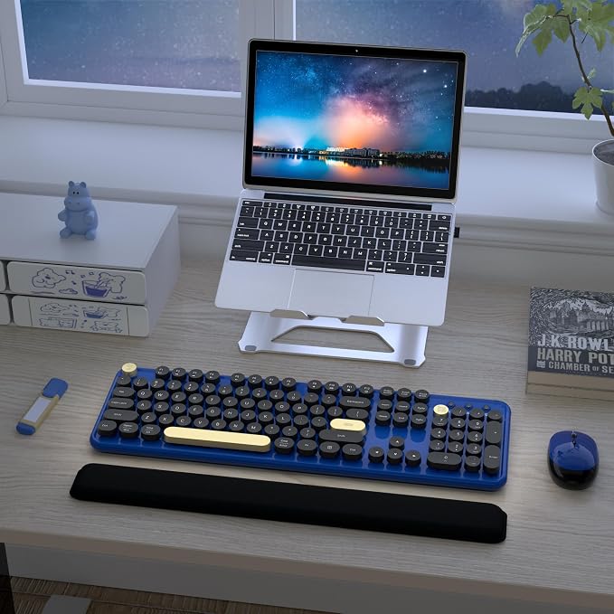 Links9+ Wireless Typewriter Keyboard and Mouse Combo (Jewel Blue-Black) | Full-Size Retro Round Keycaps, Clicky Typing, Ergonomic Design, Smart Auto-Sleep, Perfect for Office, Home and School