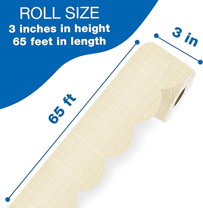 Carson Dellosa Farmhouse 65Ft of Tan Linen Bulletin Board Borders, 1 Roll of Scalloped Trim for Rolling Whiteboard, Cork and Posterboard, Party, Office Decorations, and Classroom Decor