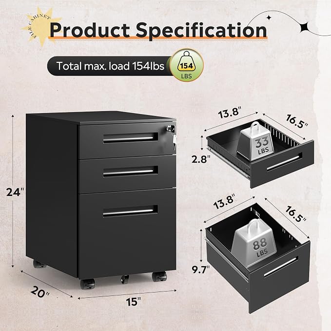 DEVAISE 3 Drawer Mobile File Cabinet, Fully Assembled Except Casters | Metal Filing Cabinet with Lock Under Desk for Home Office, Printer Stand fits A4/Letter/Legal Size, Black