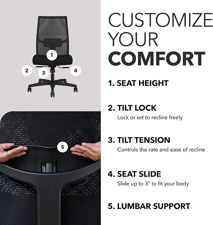 HON Ignition 2.0 Ergonomic Office Chair, Lumbar Support, Office Desk, Black | Armless ergonomic office desk chair with lumbar support, mesh task seating, office decor, rolling mobility for focused work