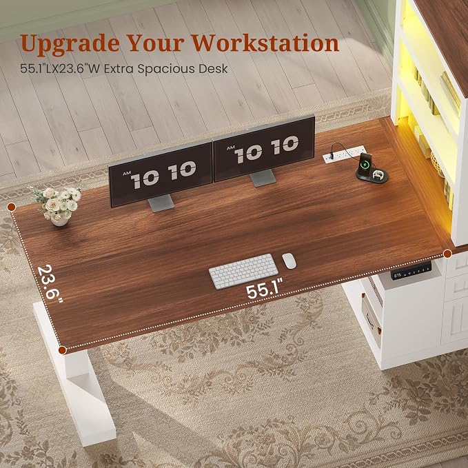 Farmhouse Standing Desk Adjustable Height with 3-Tier Bookcase, 55" Executive Electric Office Desk, Sit Stand Computer Desk with Storage Shelves, File Drawers, Power Outlets, Led Light, White+Walnut