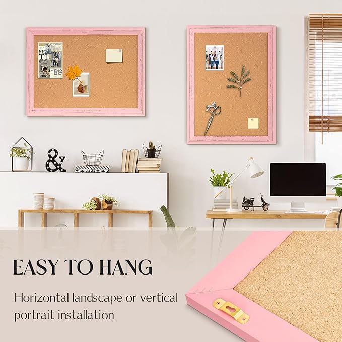Cork Bulletin Board, 24" x 18" Corkboard for Wall, Pink Wooden Frame, Decorative Hanging Pin Board Tack Board for Home Office Decor, 10 Push Pins