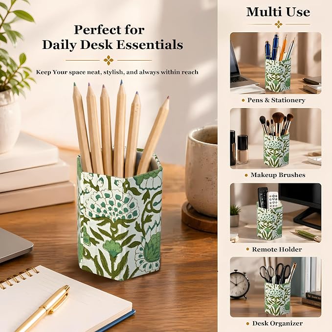 CPC Agate Green Block Print Cotton Pen Holder Set of 2 | Boho Makeup Brush Holder Floral Pencil Cup Girls Kids Durable Stand Desk Organizer Storage Floral Office Supplies, Classroom