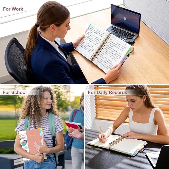 Hardcover Spiral Notebook Journal with Removable Dividers Tabs | 320 Pages, 5 Subject Notebooks College Ruled, 8.5"x11" Large A4 Leather for Work & School, Lined Journal for Women