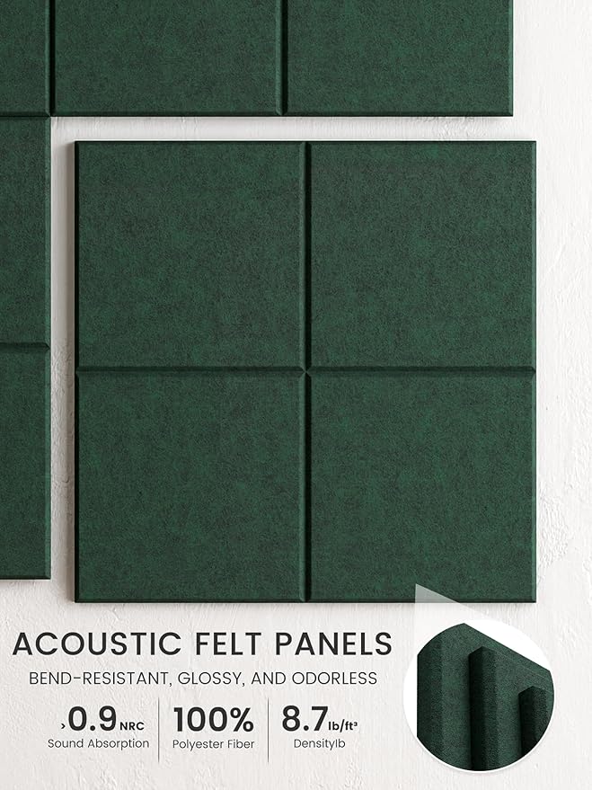 Bumusty Large Felt Bulletin Board, 48" x 36" Cork Board Alternative, 12-Pack Wall Tiles with 4-Compartment Design, 30 Push Pins, 70 Adhesive Tabs, Ideal for Office & Home Decor, Pine Green