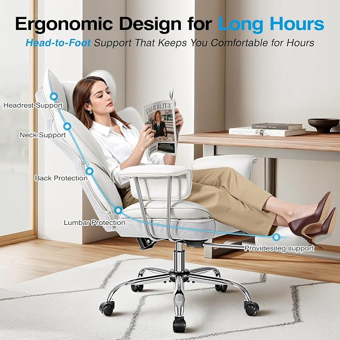 ALLGOD Big and Tall Office Chair 400LBS, Executive Ergonomic Leather Chair with Footrest, Wide Seat Gaming Office Chair with Pocket Spring Cushion, Reclining High Back Computer Desk Chair, White