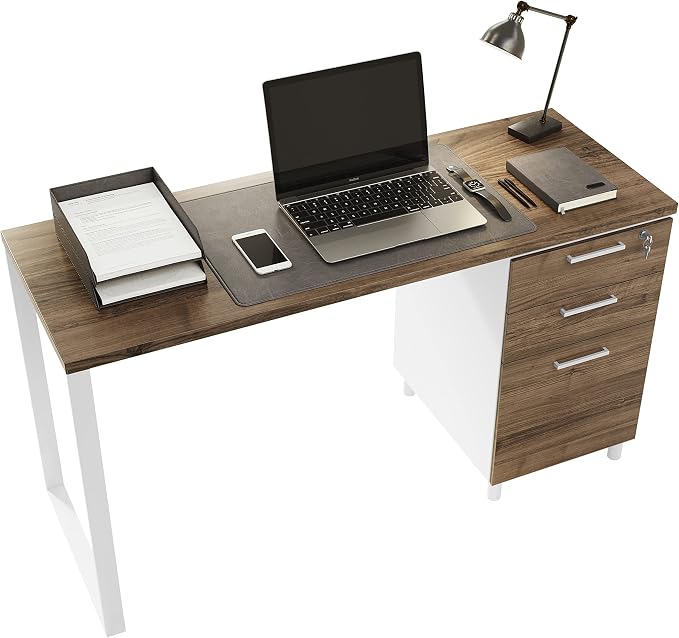 Modern Design Milano Office Desk with 3 Locking Drawers, 48 Inch White and Walnut Industrial Wood Desk with Filing Drawer and Storage, by Crafts and Comfort
