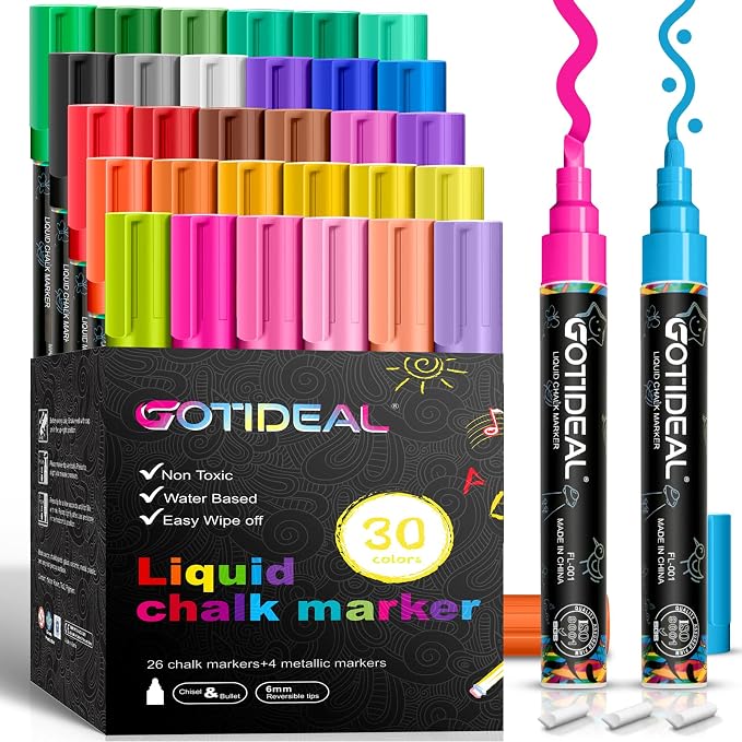 GOTIDEAL Chalk Markers, 30 Colors Liquid Chalk Markers for Blackboard | Chalkboard Markers for Paint and Drawing, Calendar, Glass, Car, Auto, Bistro, Mirror, Wet Erase Chisel Tip Window Marker