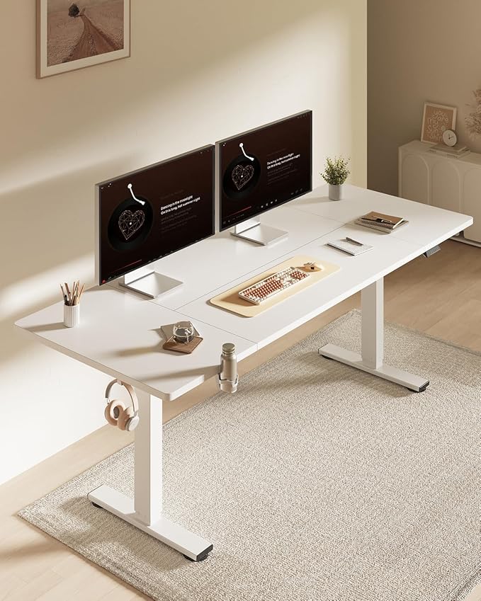FLEXISPOT 63x32 Inch Electric Large Standing Desk for Home & Office, Spacious Splice Board Desk with Cable Management & Organizer, Cup Holder & Hook, White