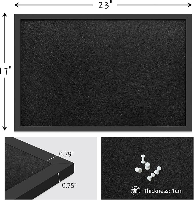 17"x23" Black Framed Black Linen Bulletin Board, Pin Board | Linen corkboard texture. Premium cork boards for walls and pin board office organizer.