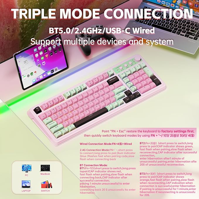 AULA Keyboard, Wireless Gaming Keyboard Creamy Bluetooth Computer Keyboards | 99 Key, Membrane Keyboard with Number Pad,RGB Backlit,Tri-Mode BT/2.4GHz/USB-C,Pink&Green&Coffee Color