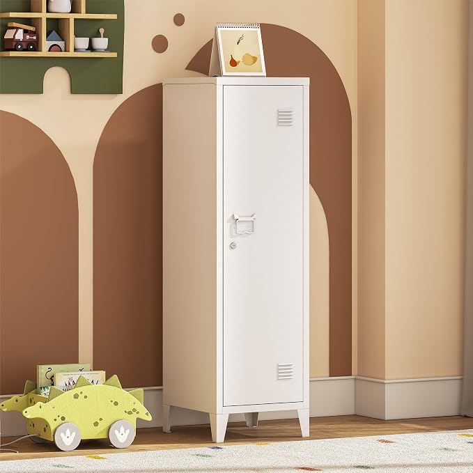 Locker Cabinet, 50" White Small Metal Locker Storage Cabinet for Employees with Locking Door and 2 Shelves Kids Locker Tool File Cabinets for Office, Garage