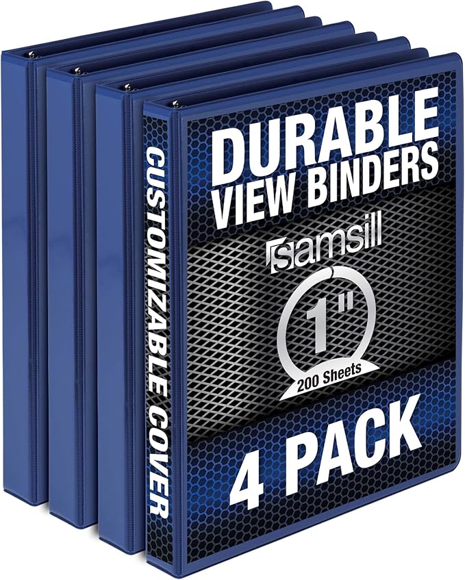 Samsill 4 Pack Durable 1 Inch 3 Ring Binders, Round Ring, Clear View Cover for Presentations, Blue
